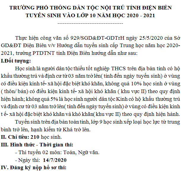 THÔNG BÁO TRUYỀN HÌNH VỀ VIỆC TRƯỜNG PHỔ THÔNG DÂN TỘC NỘI TRÚ TỈNH ĐIỆN BIÊN TUYỂN SINH VÀO LỚP 10 NĂM HỌC 2020 - 2021