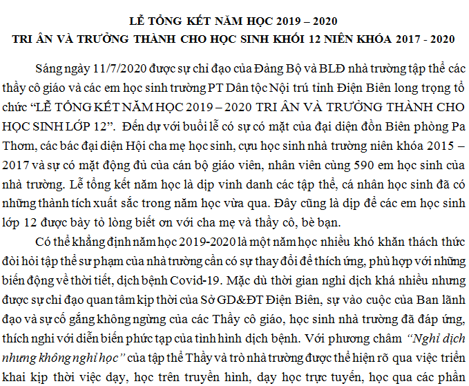 LỄ TỔNG KẾT NĂM HỌC 2019 – 2020  TRI ÂN VÀ TRƯỞNG THÀNH CHO HỌC SINH KHỐI 12 NIÊN KHÓA 2017 - 2020