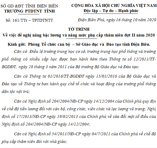 TỜ TRÌNH Về việc đề nghị nâng bậc lương và nâng mức phụ cấp thâm niên đợt II năm 2020