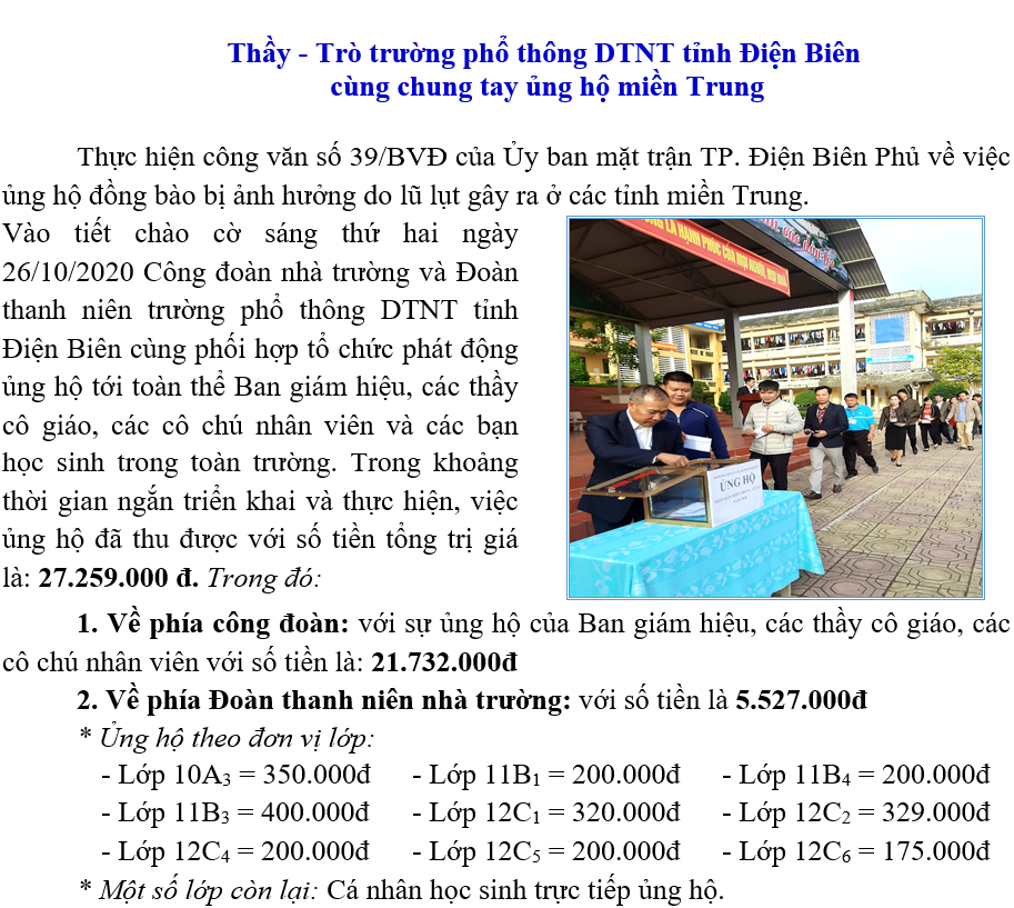 Thầy - Trò trường phổ thông DTNT tỉnh Điện Biên  cùng chung tay ủng hộ miền Trung