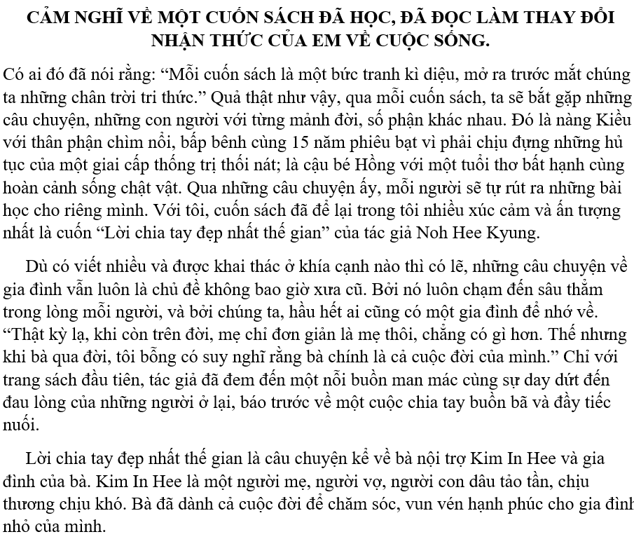 CẢM NGHĨ VỀ MỘT CUỐN SÁCH ĐÃ HỌC, ĐÃ ĐỌC LÀM THAY ĐỔI NHẬN THỨC CỦA EM VỀ CUỘC SỐNG.