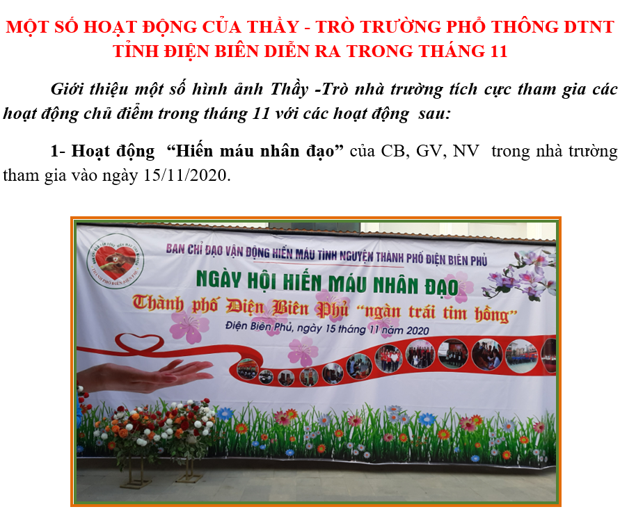 MỘT SỐ HOẠT ĐỘNG CỦA THẦY - TRÒ TRƯỜNG PHỔ THÔNG DTNT TỈNH ĐIỆN BIÊN DIỄN RA TRONG THÁNG 11