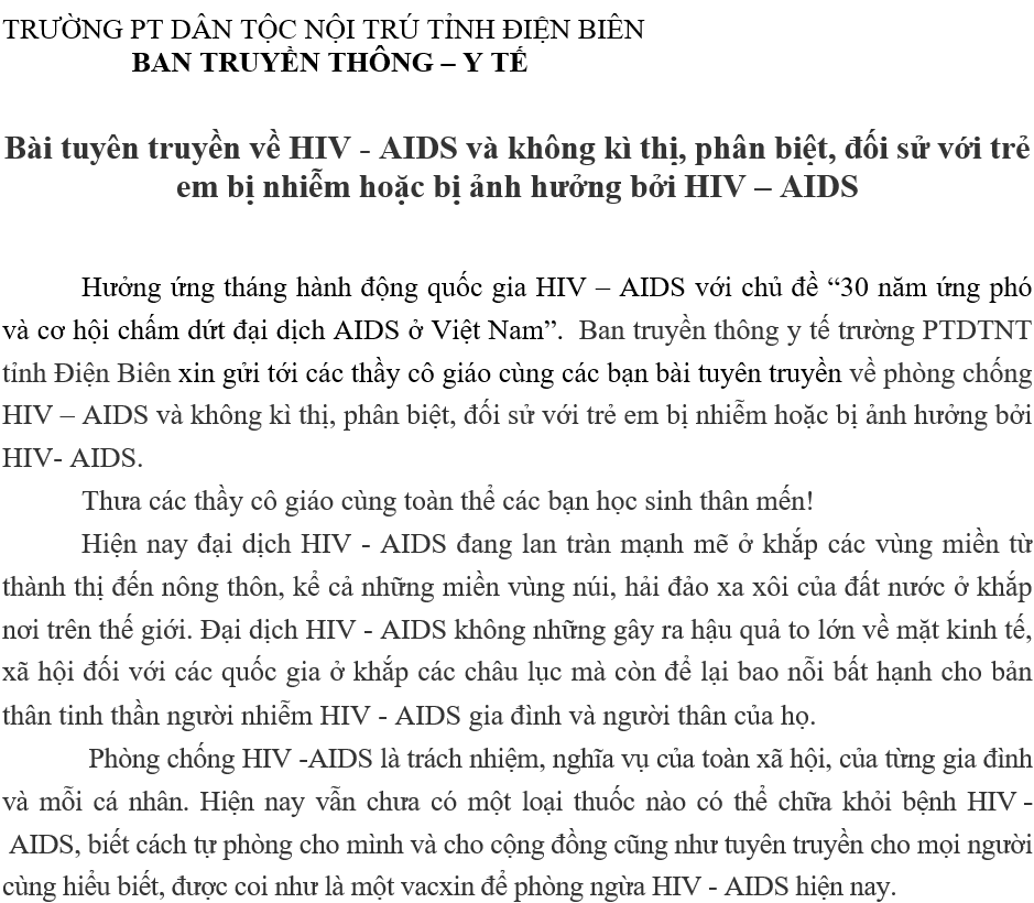 Bài tuyên truyền về HIV - AIDS và không kì thị, phân biệt, đối sử với trẻ em bị nhiễm hoặc bị ảnh hưởng bởi HIV – AIDS