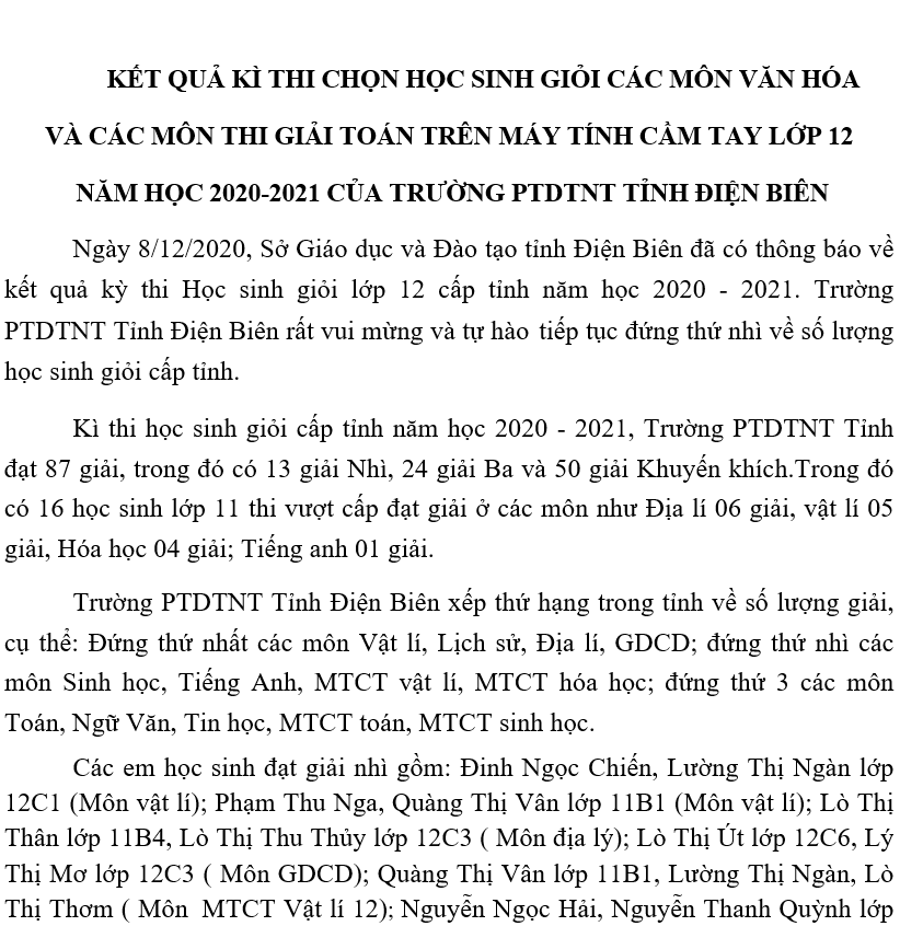 KẾT QUẢ KÌ THI CHỌN HỌC SINH GIỎI LỚP 12 NĂM HỌC 2020-2021