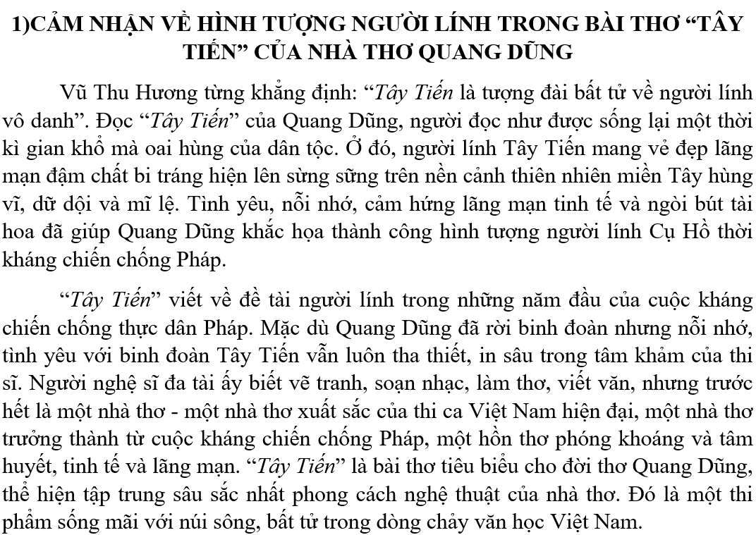 1)CẢM NHẬN VỀ HÌNH TƯỢNG NGƯỜI LÍNH TRONG BÀI THƠ “TÂY TIẾN” CỦA NHÀ THƠ QUANG DŨNG