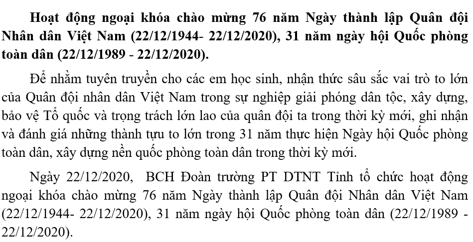 Hoạt động ngoại khóa chào mừng 76 năm Ngày thành lập Quân đội Nhân dân Việt Nam (22/12/1944- 22/12/2020), 31 năm ngày hội Quốc phòng toàn dân (22/12/1989 - 22/12/2020).