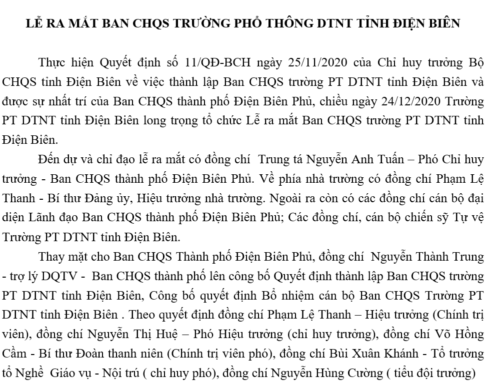 LỄ RA MẮT BAN CHQS TRƯỜNG PHỔ THÔNG DTNT TỈNH ĐIỆN BIÊN