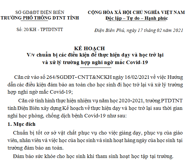 KẾ HOẠCH	 V/v chuẩn bị các điều kiện để thực hiện dạy và học trở lại  và xử lý trường hợp nghi ngờ mắc Covid-19