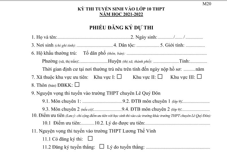 PHIẾU ĐĂNG KÝ DỰ THI TUYỂN SINH 10 MẪU M20