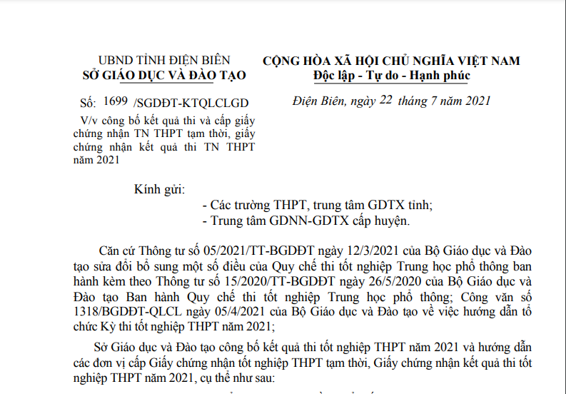 Công bố kết quả thi và cấp giấy  CNTN THPT tạm thời năm 2021