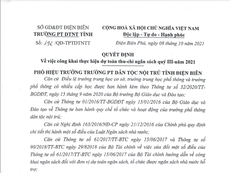 CÔNG KHAI THỰC HIỆN DỰ TOÁN THU CHI NGÂN SÁCH QUÝ III - NĂM 2021