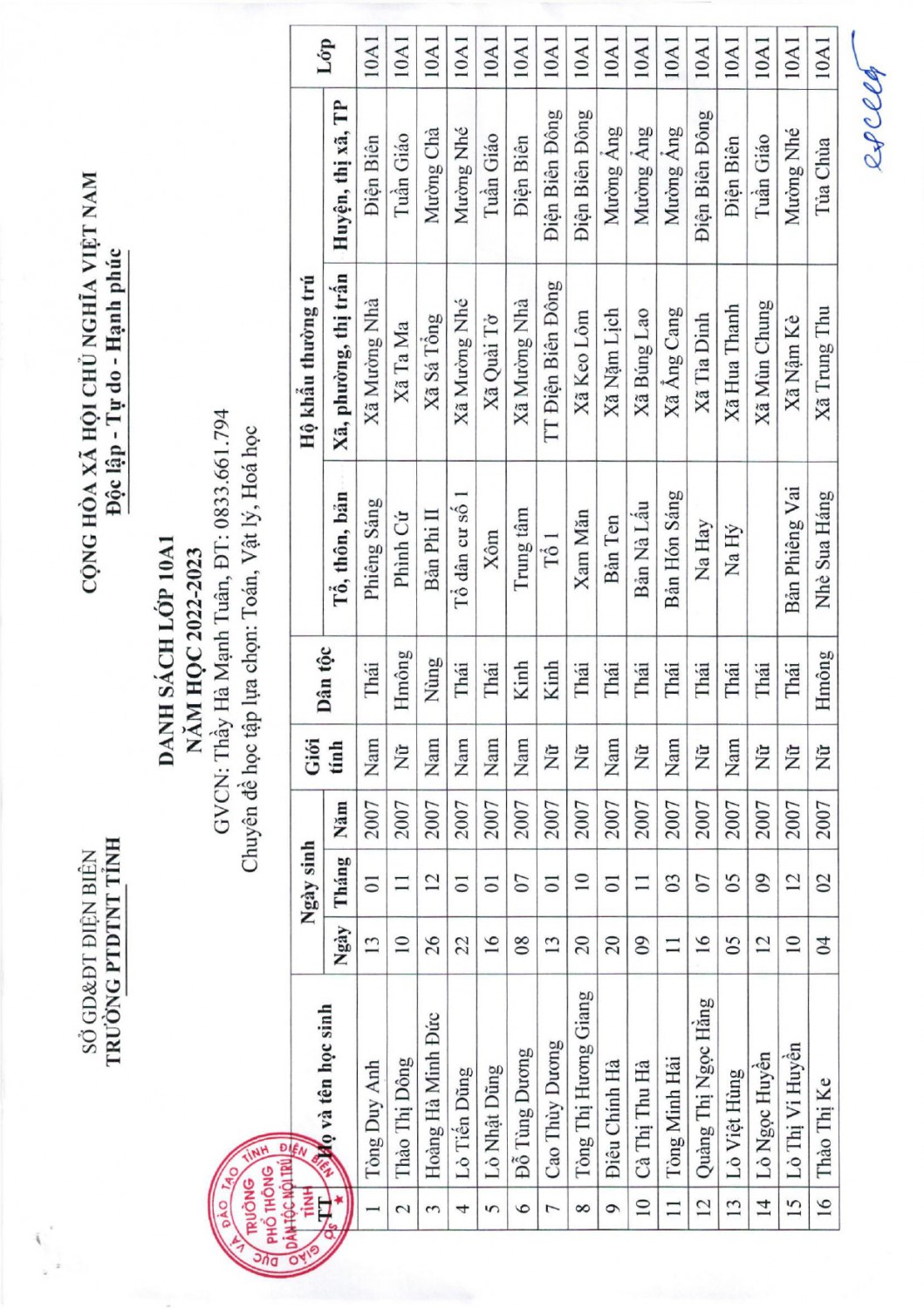Danh sách học sinh khối 10 theo lớp năm học 2022-2023