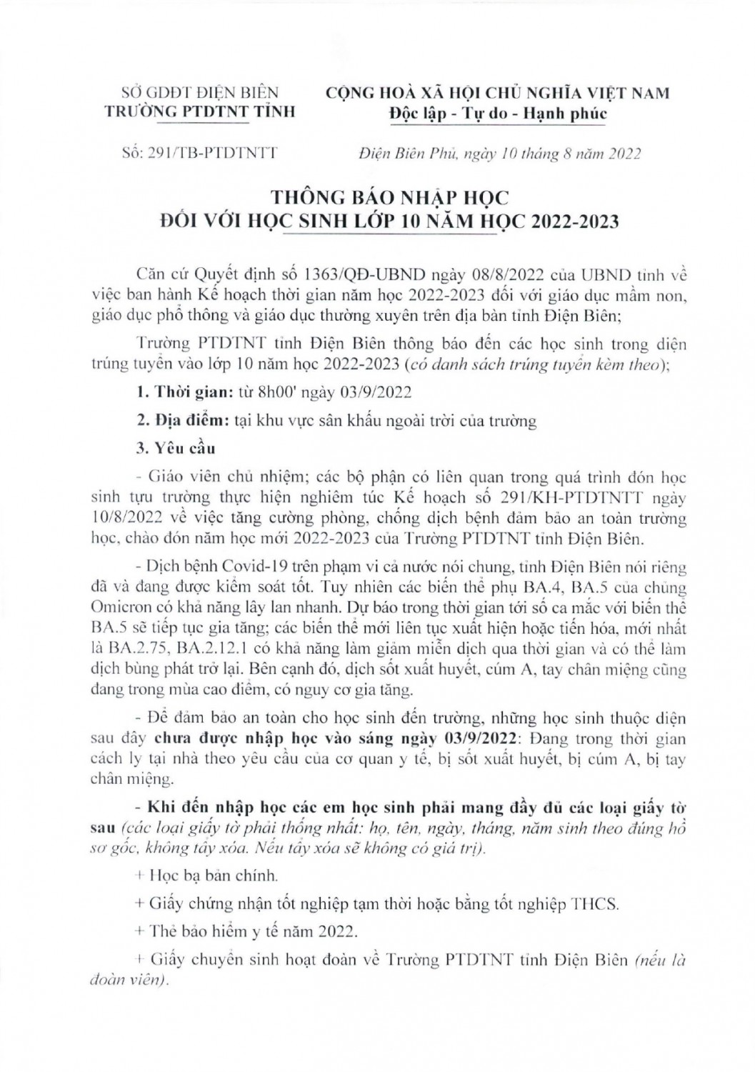 Thông báo nhập học đối với học sinh lớp 10 năm học 2022-2023 của Trường PTDTNT tỉnh Điện Biên