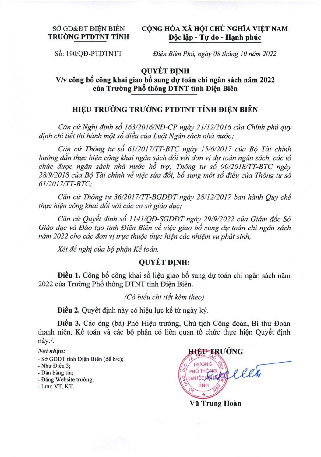 190 QĐ công bố công khai giao bổ sung dự toán chi ngân sách năm 2022 của Trường PTDTNT tỉnh Điện Biên page 0001