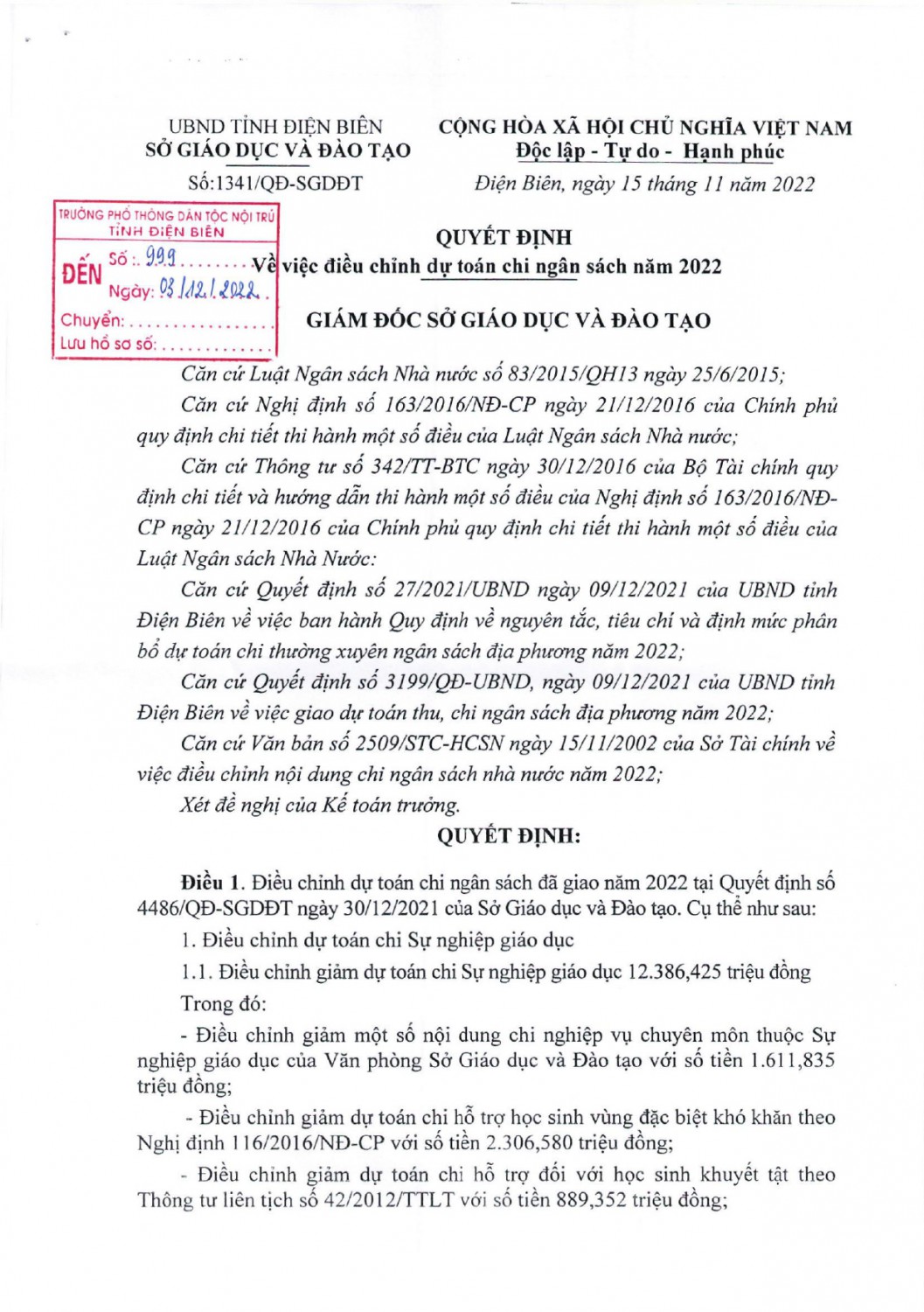 277 QĐ vv công bố công khai điều chỉnh dự toán chi ngân sách năm 2022 của trường PTDTNTT Điện Biên page 0002