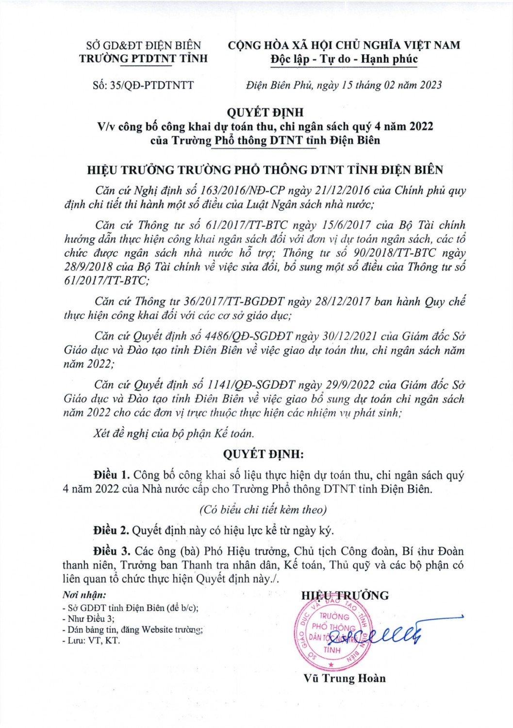 35 QĐ Công bố công khai dự toán thu, chi ngân sách quý 4 năm 2022 của Trường PTDTNTT Điện Biên page 0001