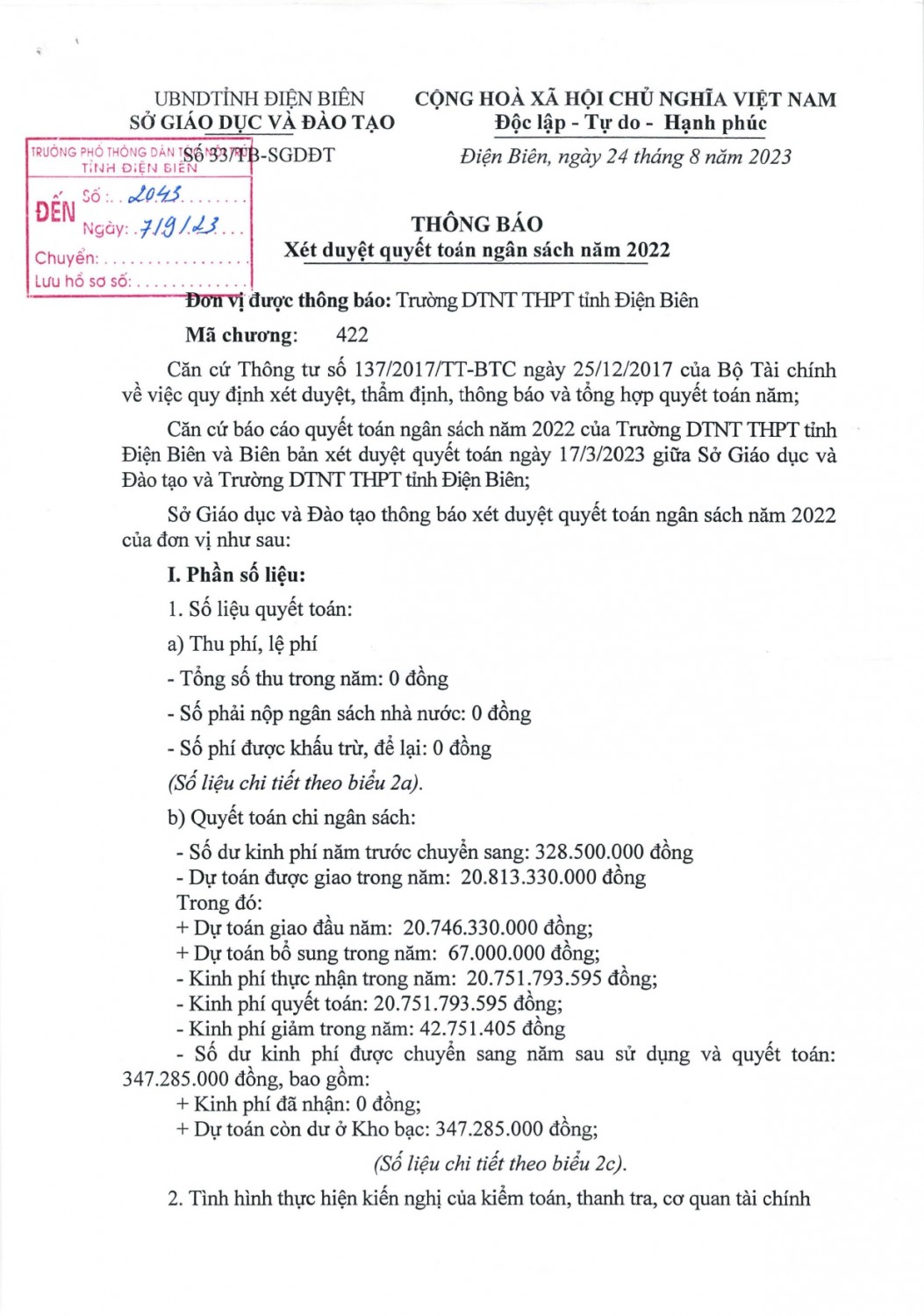 33 KHTC thông báo xét duyệt quyết toán ngân sách page 0001