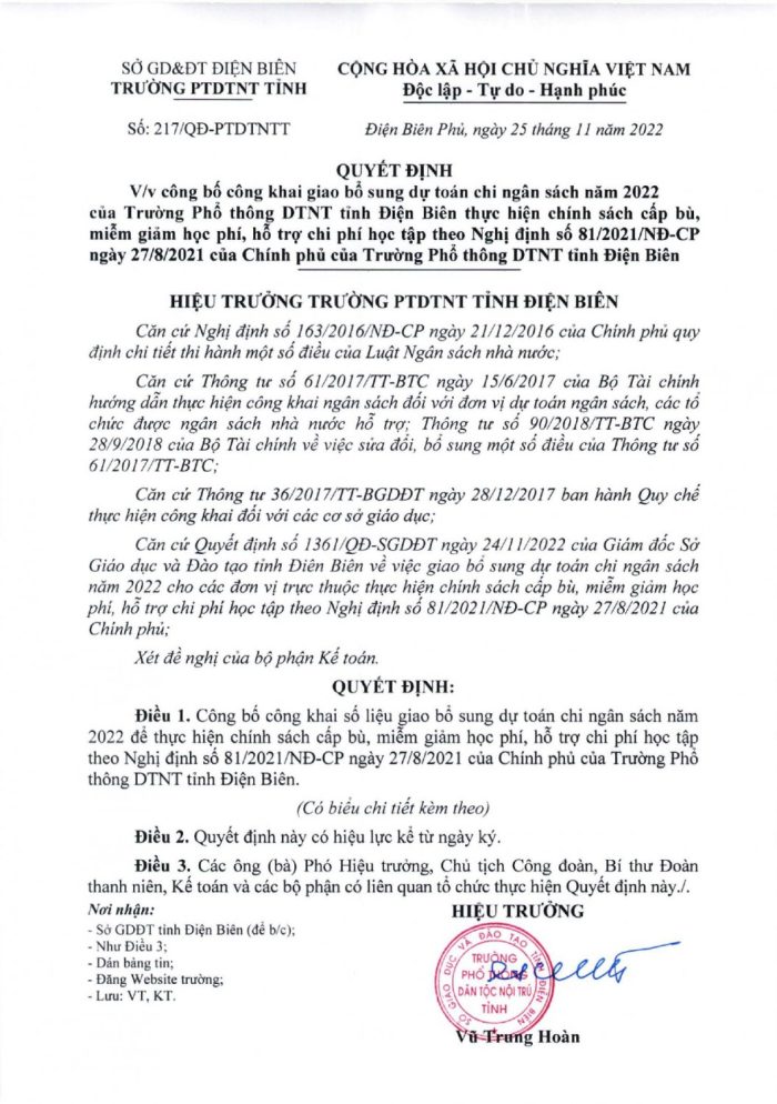 217 quyết định công bố công khai giao bổ sung dự toán chi ngân sách năm 2022  của trường PTDTNTT page 0001