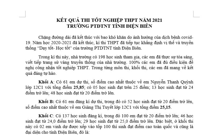 KẾT QUẢ THI TỐT NGHIỆP THPT NĂM 2021 TRƯỜNG PTDTNT TỈNH ĐIỆN BIÊN