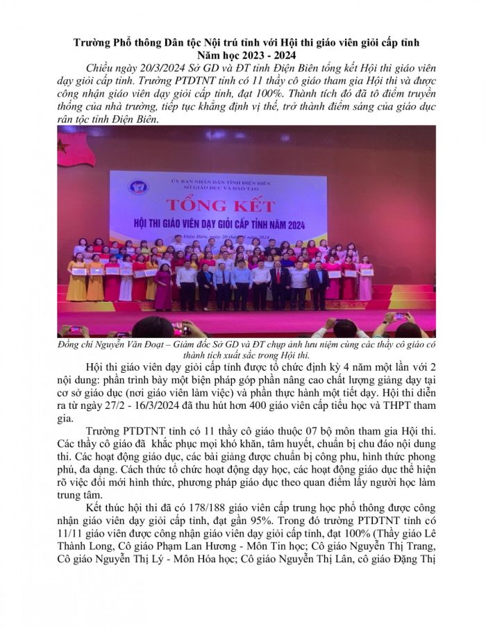 Trường Phổ thông Dân tộc Nội trú tỉnh với Hội thi giáo viên giỏi cấp tỉnh Năm học 2023 - 2024