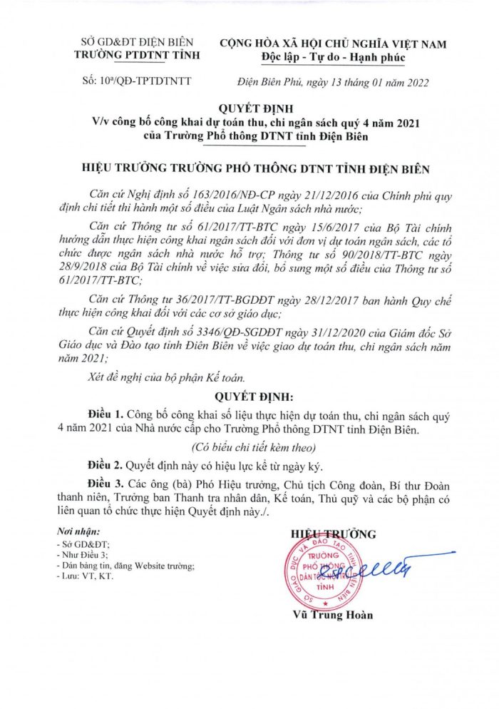 Quyết định công bố dự toán thu, chi ngân sách quý 4/2021