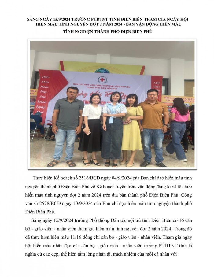 SÁNG NGÀY 15/9/2024 TRƯỜNG PTDTNT TỈNH ĐIỆN BIÊN THAM GIA NGÀY HỘI HIẾN MÁU TÌNH NGUYỆN ĐỢT 2 NĂM 2024 - BAN VẬN ĐỘNG HIẾN MÁU  TÌNH NGUYỆN THÀNH PHỐ ĐIỆN BIÊN PHỦ