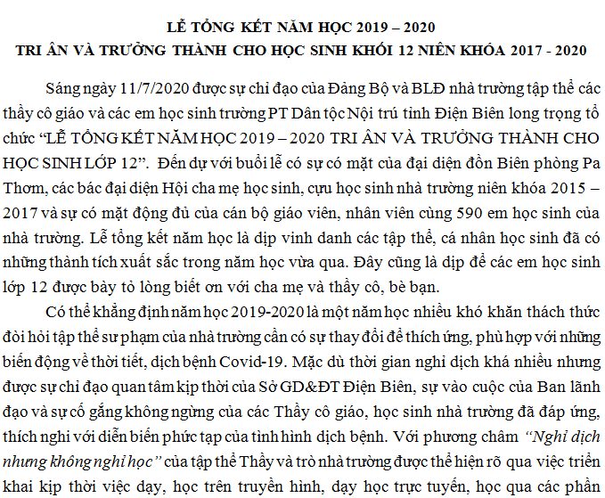 LỄ TỔNG KẾT NĂM HỌC 2019 – 2020  TRI ÂN VÀ TRƯỞNG THÀNH CHO HỌC SINH KHỐI 12 NIÊN KHÓA 2017 - 2020