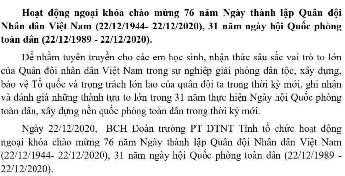 Hoạt động ngoại khóa chào mừng 76 năm Ngày thành lập Quân đội Nhân dân Việt Nam (22/12/1944- 22/12/2020), 31 năm ngày hội Quốc phòng toàn dân (22/12/1989 - 22/12/2020).