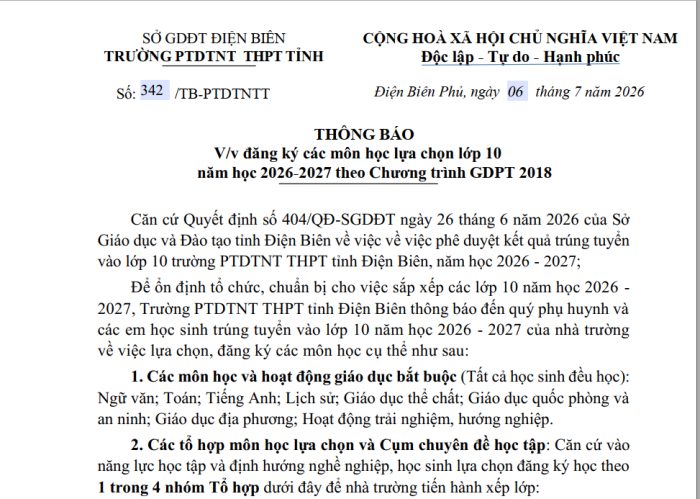THÔNG BÁO V/v đăng ký các môn học lựa chọn lớp 10 năm học 2026-2027 theo Chương trình GDPT 2018