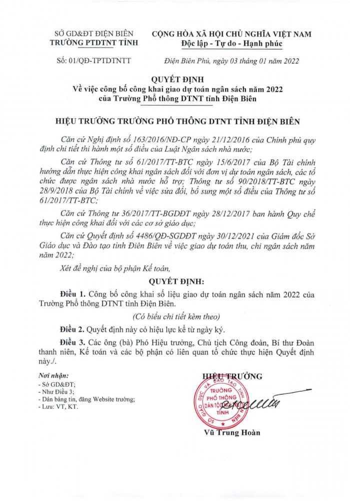 QĐ công bố công khai dự toán ngân sách năm 2022