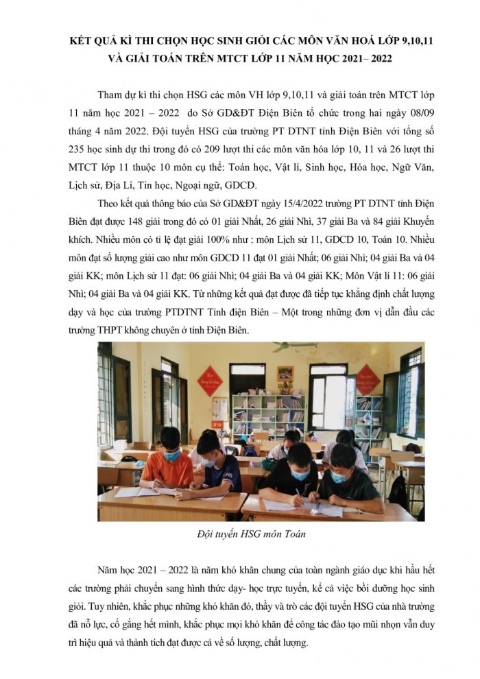 KẾT QUẢ KÌ THI CHỌN HỌC SINH GIỎI  LỚP 10, 11 NĂM HỌC 2021– 2022