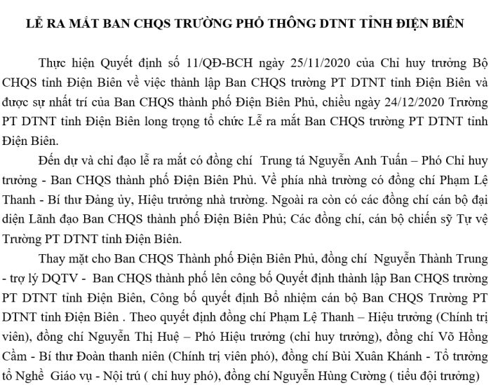 LỄ RA MẮT BAN CHQS TRƯỜNG PHỔ THÔNG DTNT TỈNH ĐIỆN BIÊN
