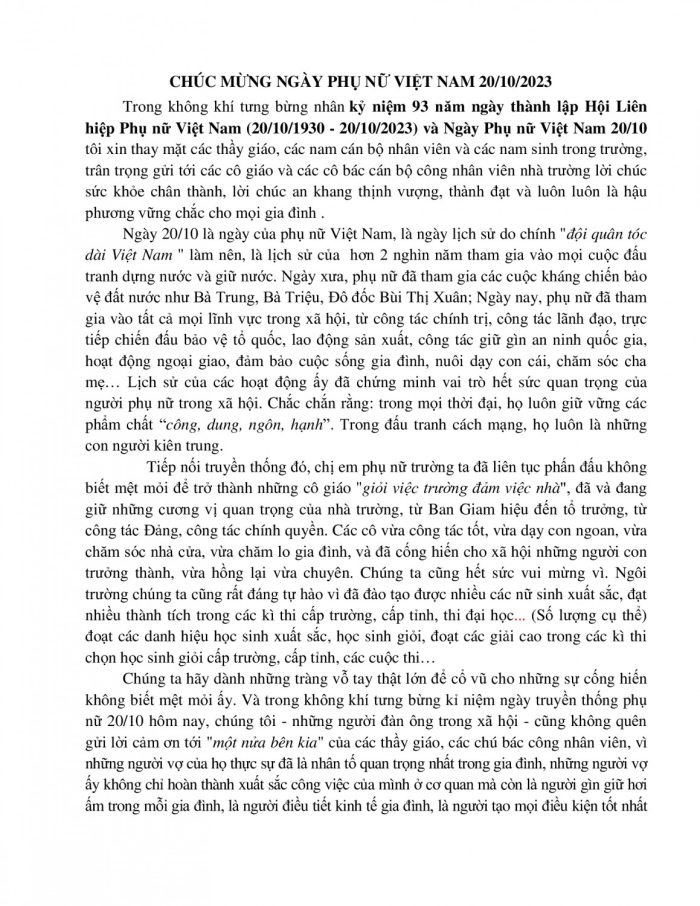 CHÚC MỪNG NGÀY PHỤ NỮ VIỆT NAM 20/10/2023