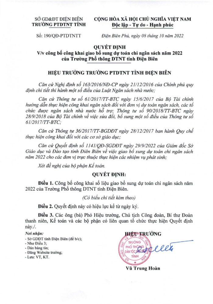 190  QĐ công bố công khai giao bổ sung dự toán chi ngân sách năm 2022 của Trường PTDTNT tỉnh Điện Biên page 0001