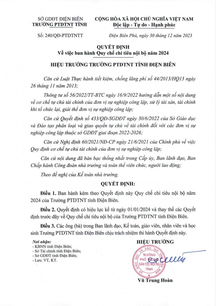 Quy chế chi tiêu nội bộ năm 2024