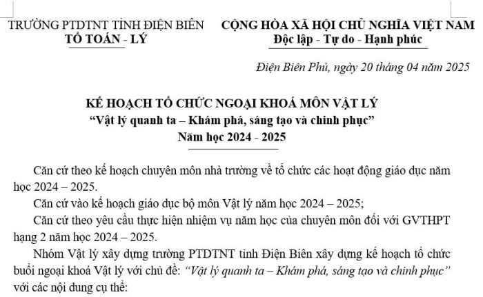 KẾ HOẠCH TỔ CHỨC NGOẠI KHOÁ MÔN VẬT LÝ  “Vật lý quanh ta – Khám phá, sáng tạo và chinh phục” Năm học 2024 - 2025