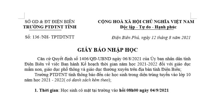GIẤY BÁO NHẬP HỌC
