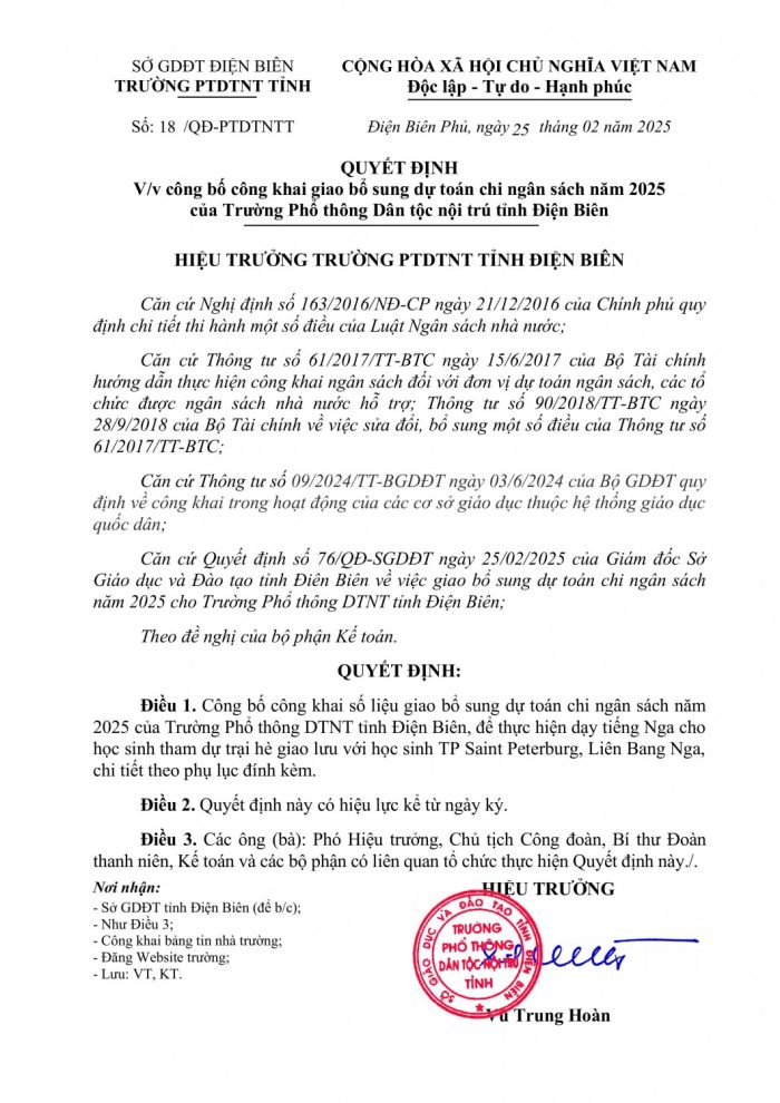 Công bố công khai số liệu giao bổ sung dự toán chi ngân sách năm 2025 của Trường PTDTNT tỉnh Điện Biên