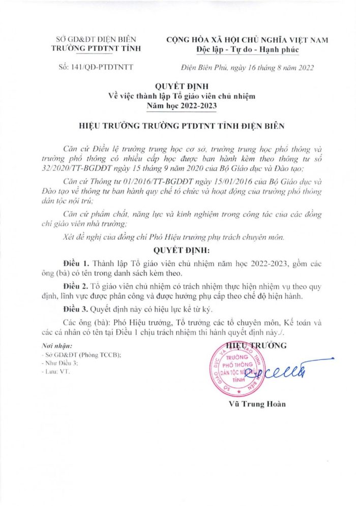 Quyết định thành lập Tổ GVCN năm học 2022-2023