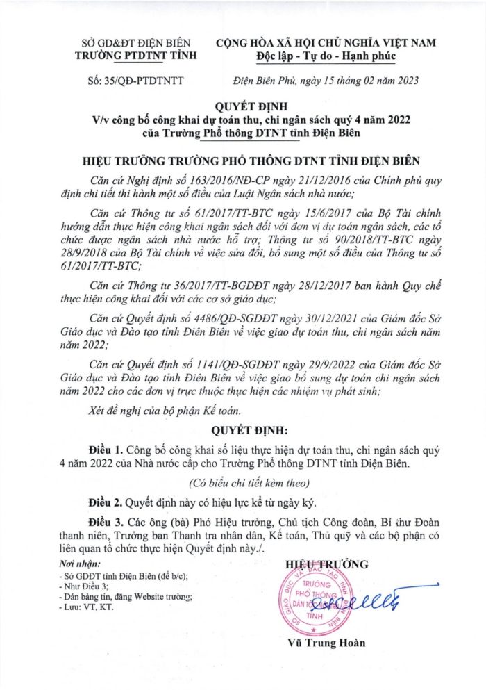 35  QĐ  Công bố công khai dự toán thu, chi ngân sách quý 4 năm 2022 của Trường PTDTNTT Điện Biên page 0001