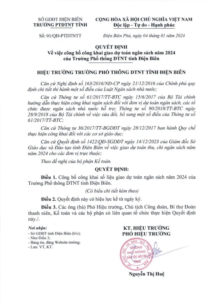 Quyết định công bố công khai giao dự toán thu, chi ngân sách năm 2024