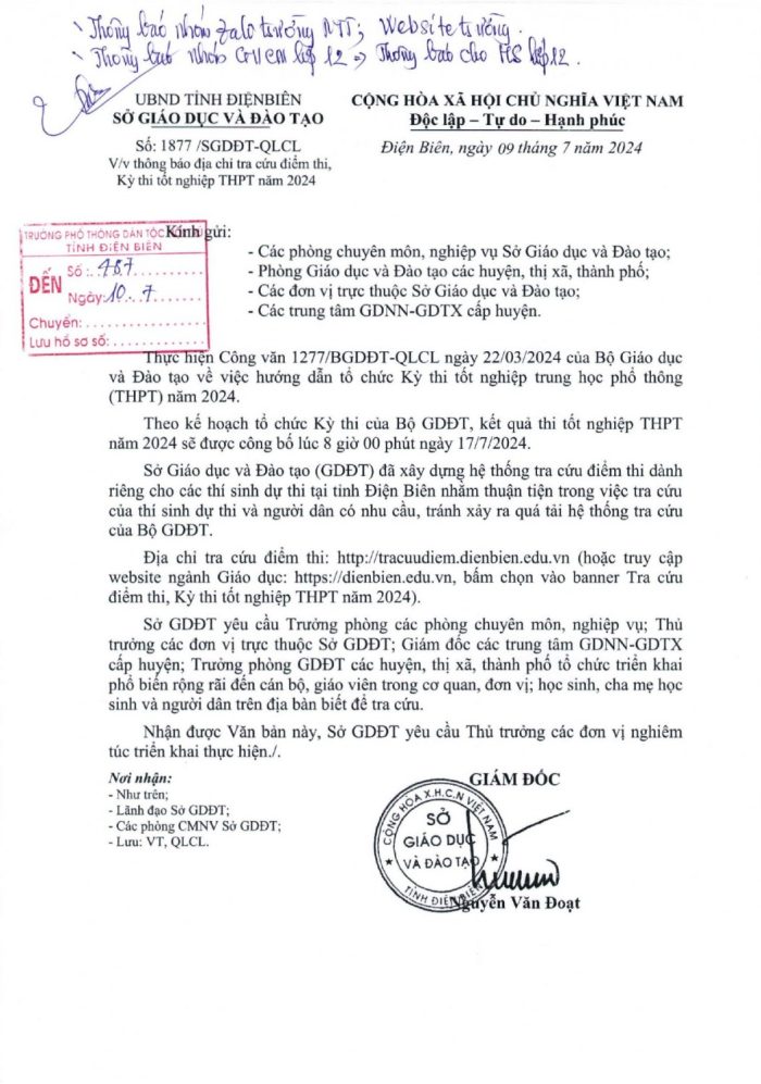 1877   QLCL Thông báo địa chỉ tra cứu điểm thi TN THPT năm 2024 page 0001