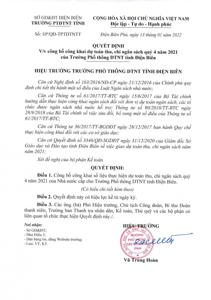 Công khai dự toán thu, chi quý 4 của Trường PTDTNT tỉnh Điện Biên năm 2021