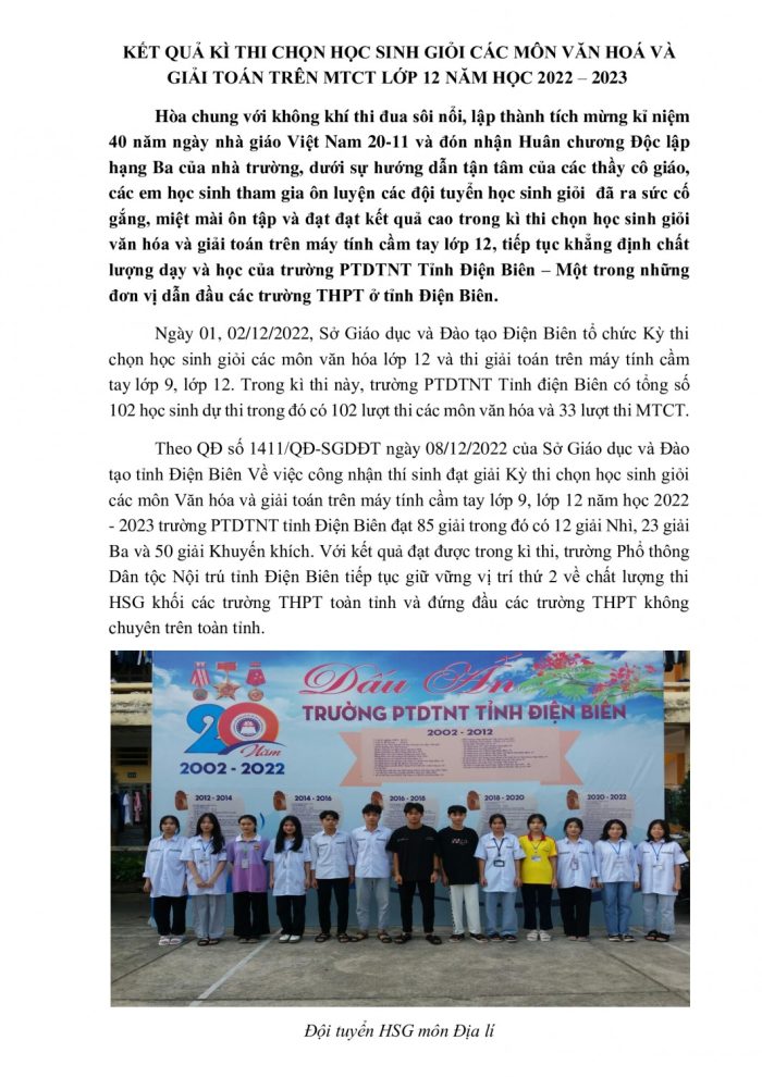 KẾT QUẢ KÌ THI CHỌN HỌC SINH GIỎI LỚP 12 NĂM HỌC 2022 – 2023