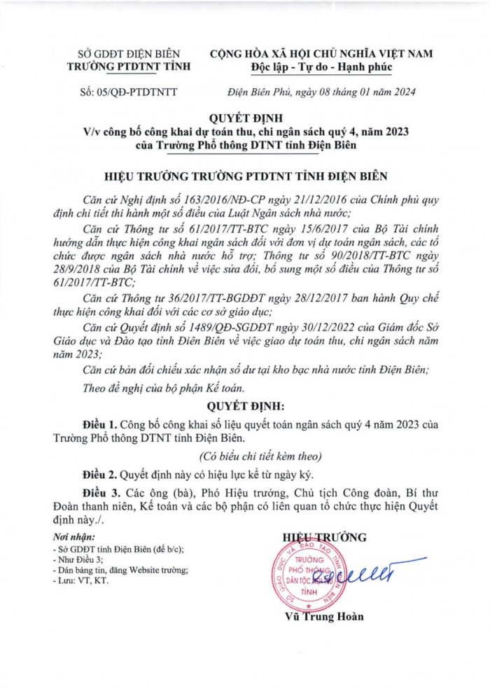 Công bố công khai số liệu quyết toán ngân sách quý 4 năm 2023 của Trường Phổ thông DTNT tỉnh Điện Biên