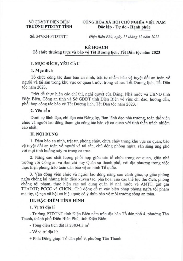 547  KẾ HOẠCH TỔ CHỨC THƯỜNG TRỰC BẢO VỆ TẾT DƯƠNG LỊCH , TẾT DÂN TỘC NĂM 2023 page 0001