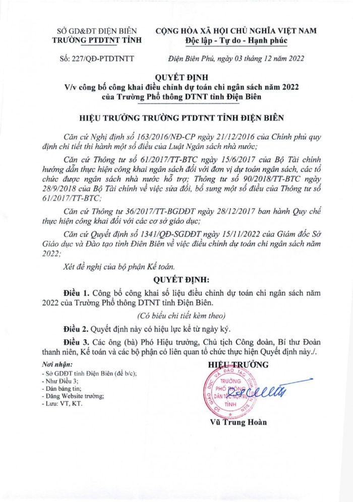 277   QĐ vv công bố công khai điều chỉnh dự toán chi ngân sách năm 2022 của trường PTDTNTT Điện Biên page 0001