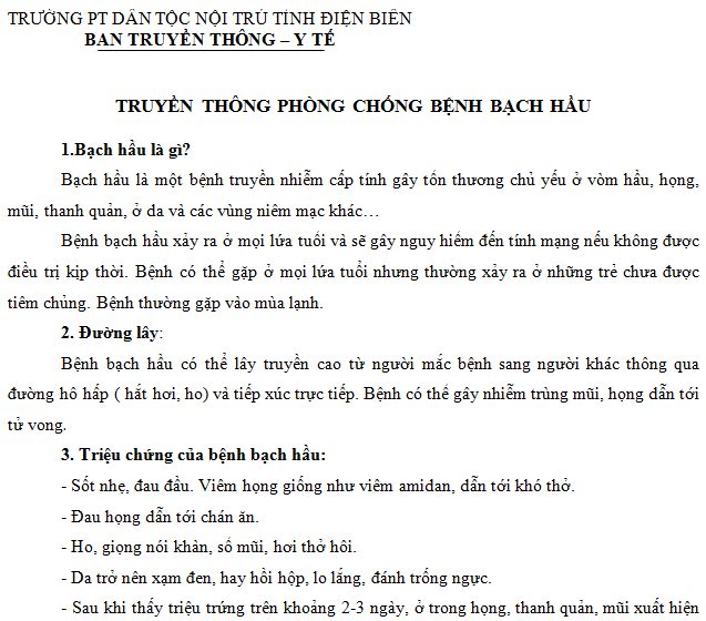 TRUYỀN THÔNG PHÒNG CHỐNG BỆNH BẠCH HẦU