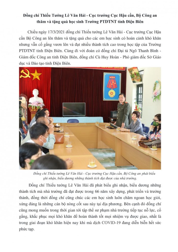 Thiếu Tướng Lê Văn Hải thăm và tặng quà học sinh nhà trường