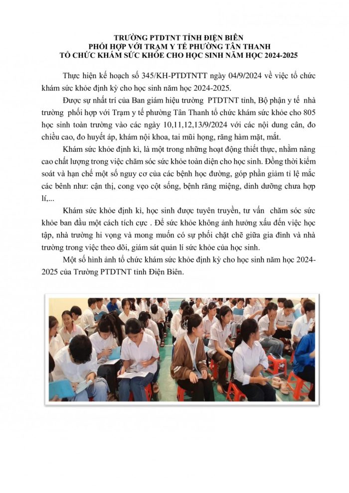 TRƯỜNG PTDTNT TỈNH ĐIỆN BIÊN  PHỐI HỢP VỚI TRẠM Y TẾ PHƯỜNG TÂN THANH  TỔ CHỨC KHÁM SỨC KHỎE CHO HỌC SINH NĂM HỌC 2024-2025
